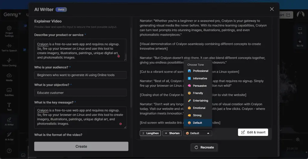 viewing script related options in ai writer lovo ai