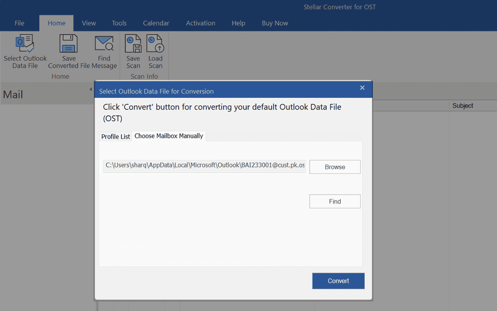 viewing selected ost file in stellar converter