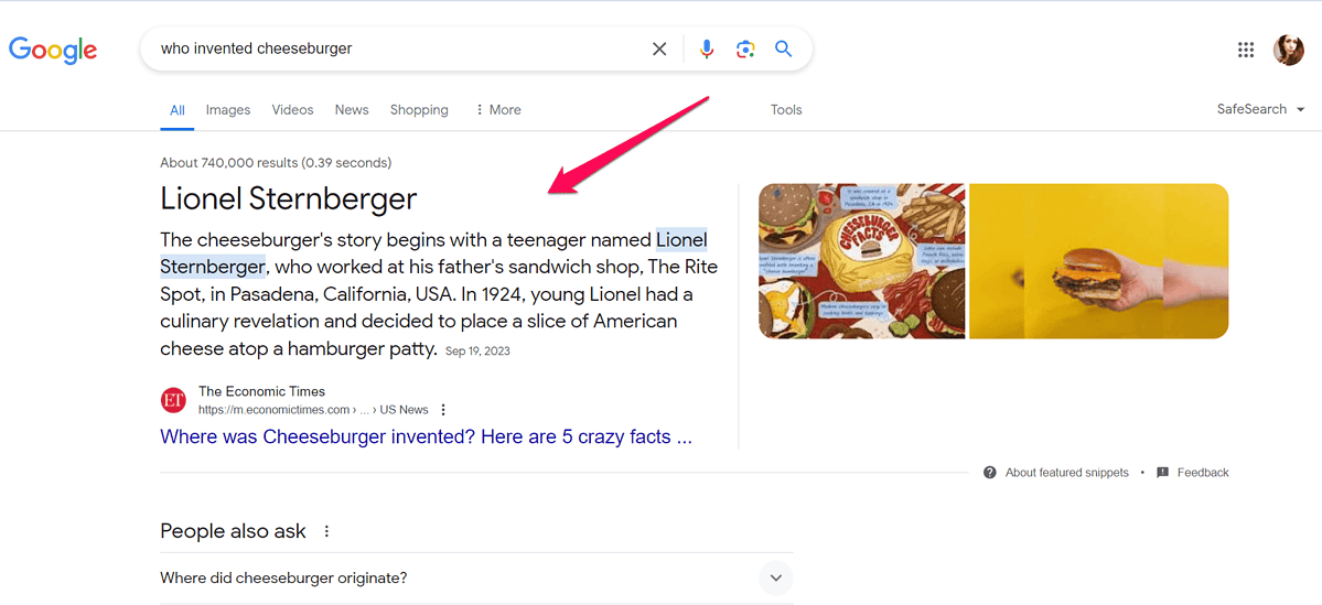 Google's search results for the phrase "who invented cheeseburger"