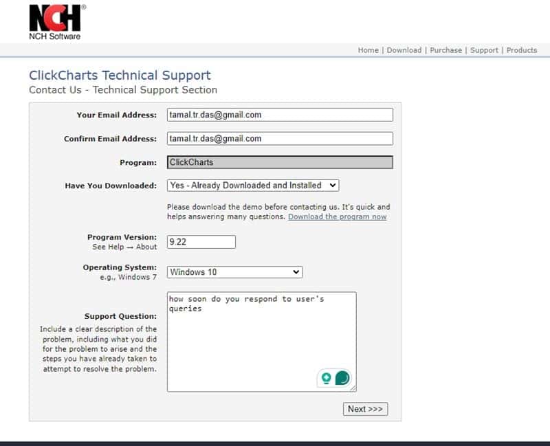 ClickCharts Technical Support form
