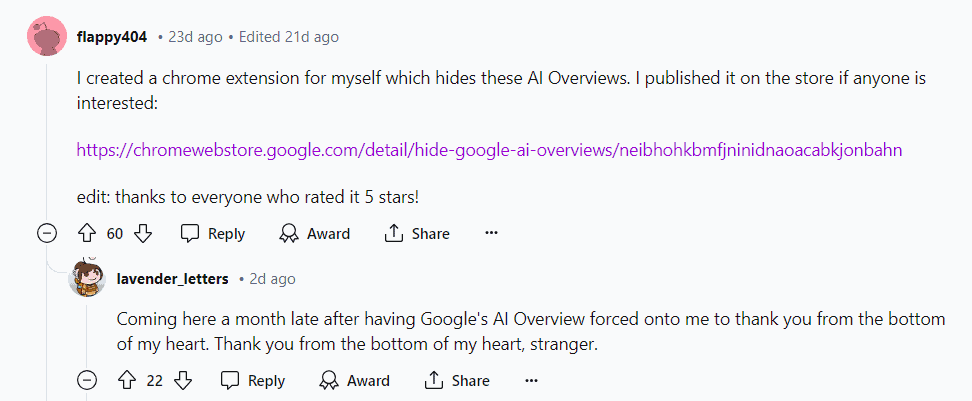 Hide Google AI overviews on Reddit