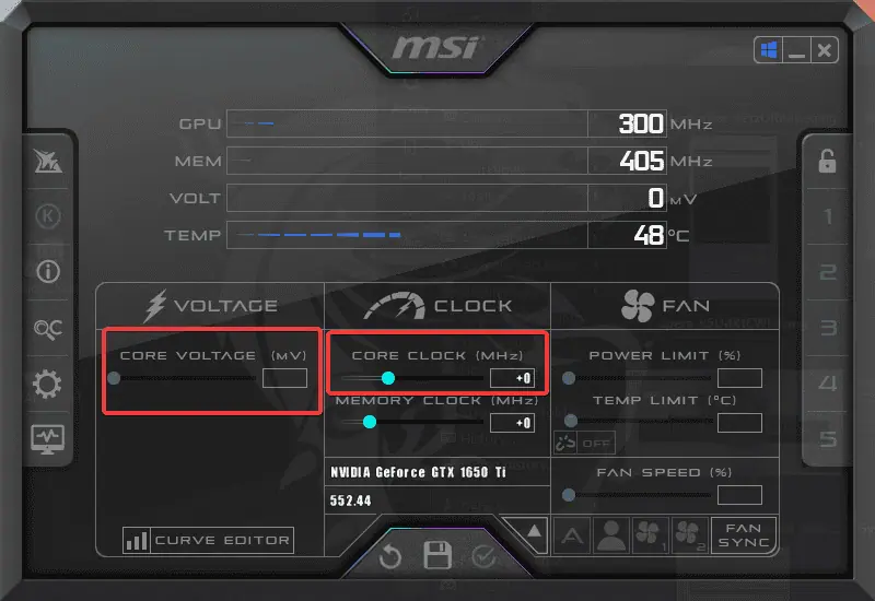 MSIAfterburner core voltage and core clock
