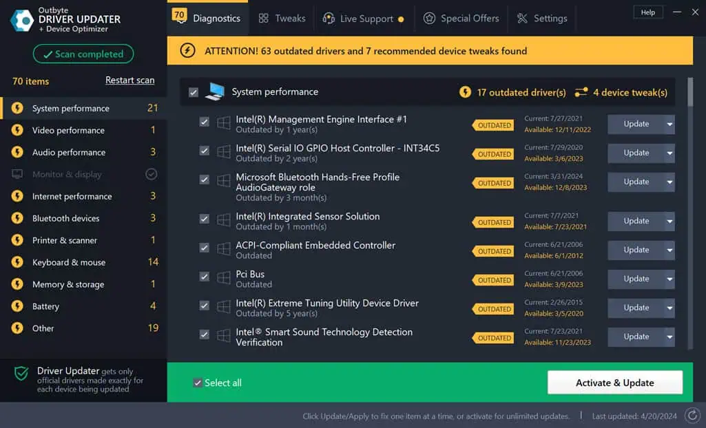 Outdated Drivers detected by Outbyte Driver Updater