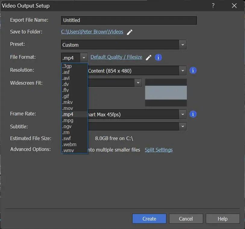 Select export format frame rate and resolution