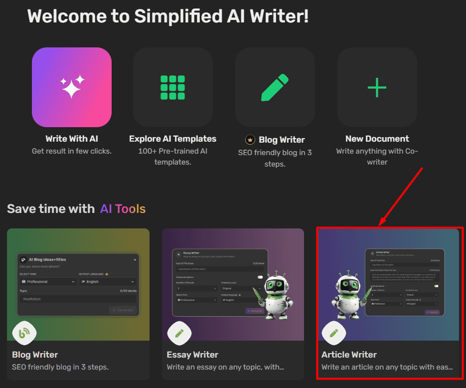 Simplified AI Writer tutorial Article Writer