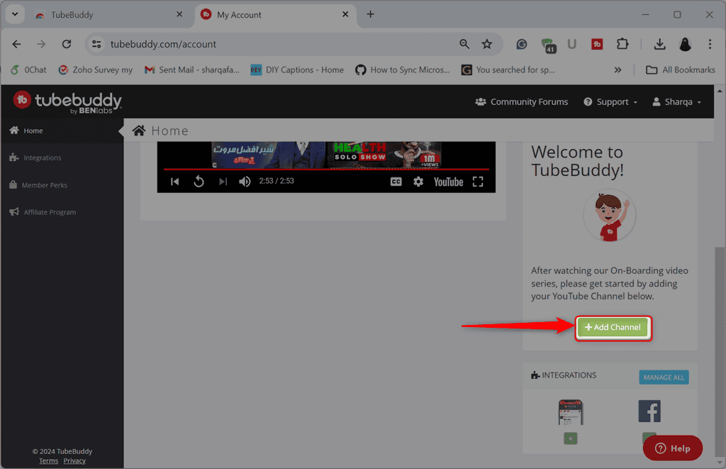 adding youtube channel to tubebuddy