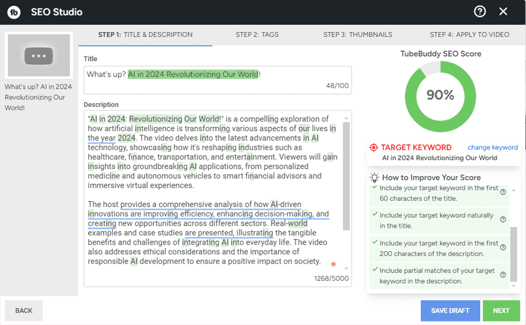 adjusting title and description to meet seo score in tubebuddy