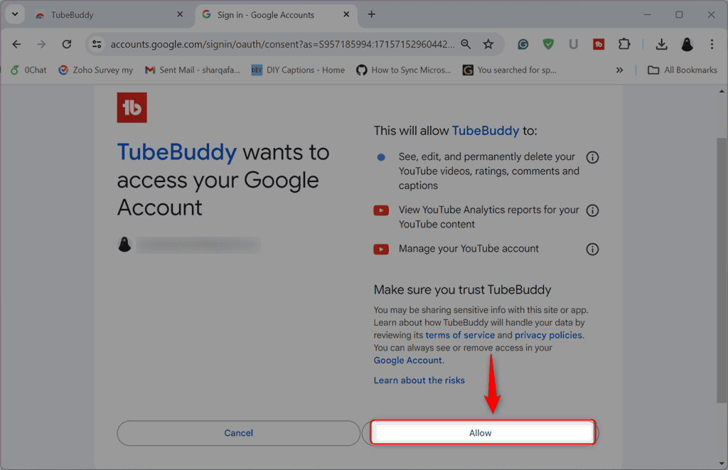 allowing tubebuddy to use account data