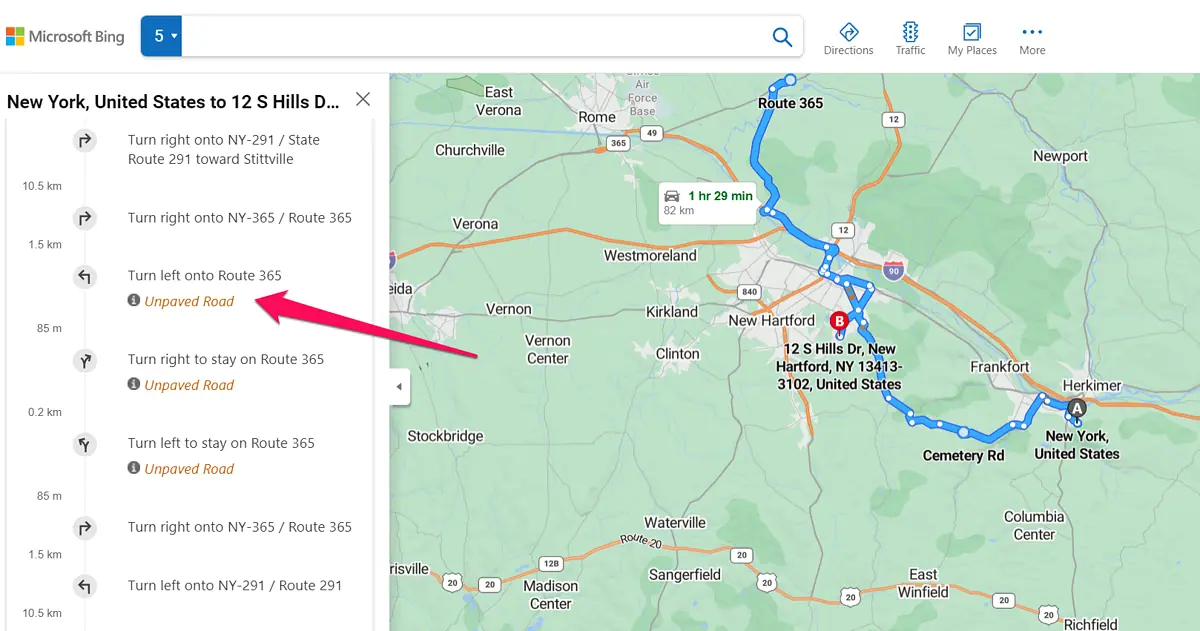 Bing Maps directions