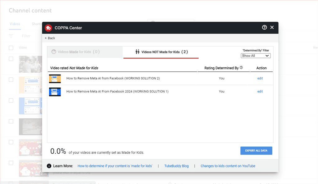 checking coppa center of tubebuddy