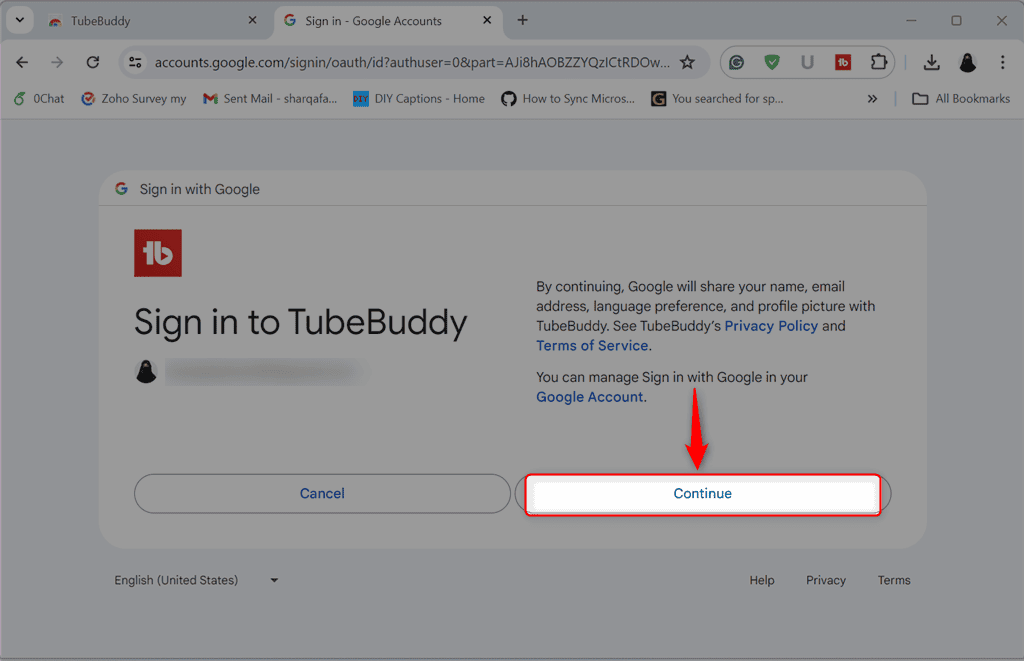 clicking on continue to grant final permission to tubebuddy