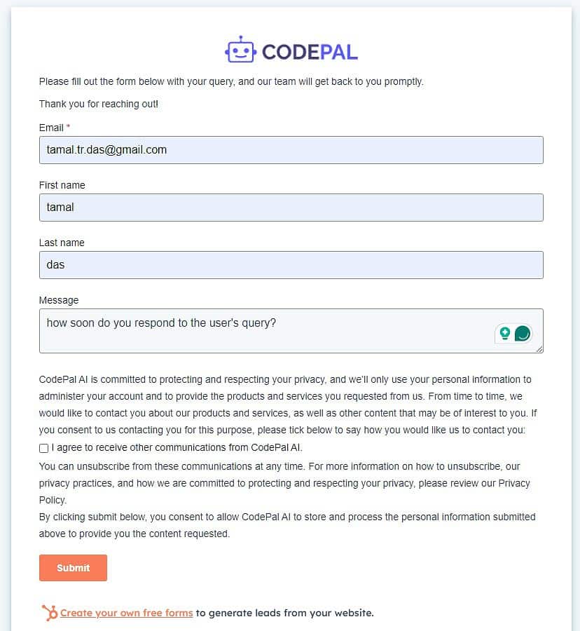 codepal support form