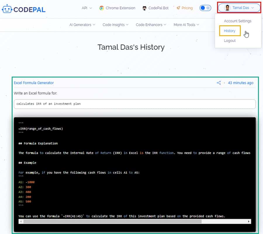 codepal usage history