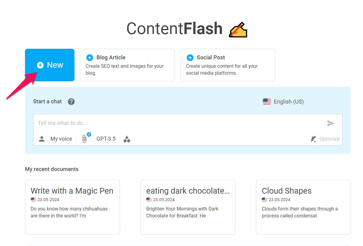 Creating a new document in ContentFlash