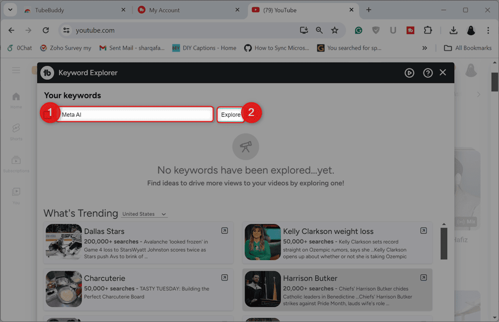 entering a keyword to explore in tubebuddy
