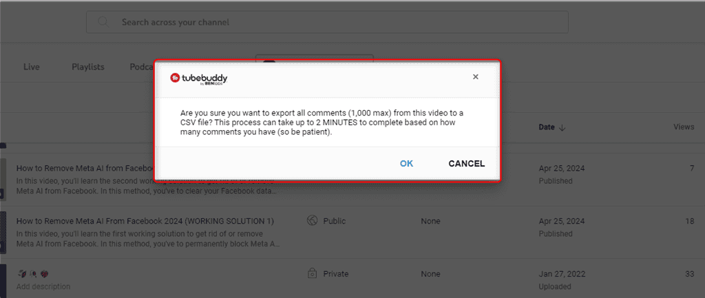 export comment feature of tubebuddy