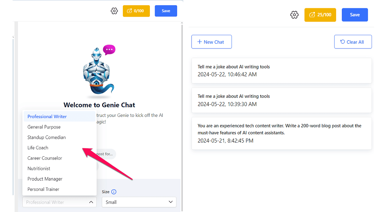 Genie Chat personalities and chat history