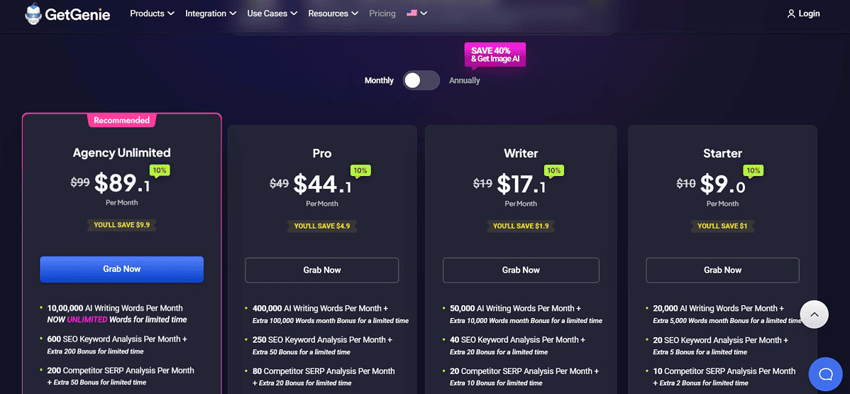 GetGenie AI pricing page