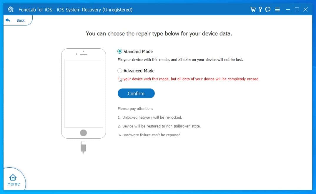 iOS system repair start screen
