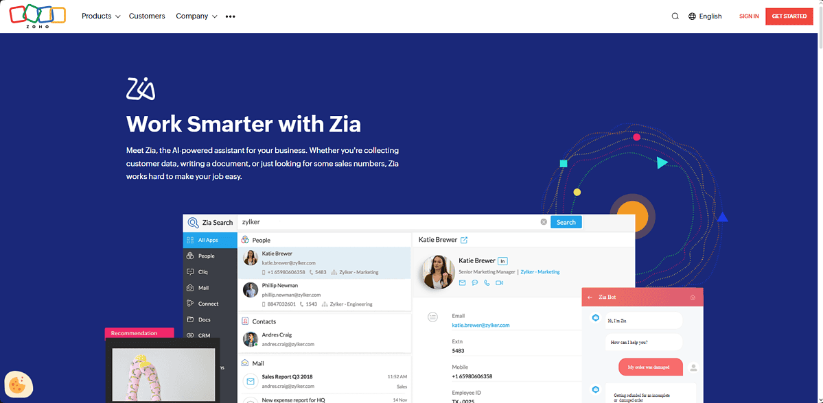 Zoho Zia webpage