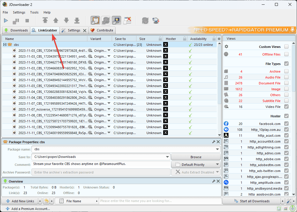 JDownloader 2 linkgrabber tab