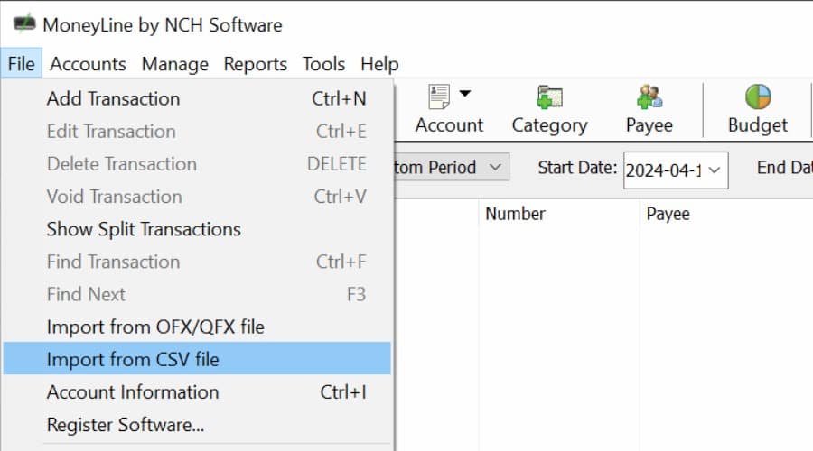 NCH MoneyLine Review - reconcile and import CSV data