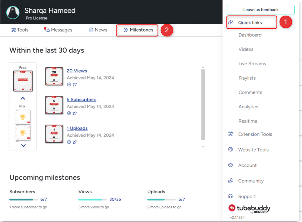 milestones feature of tubebuddy