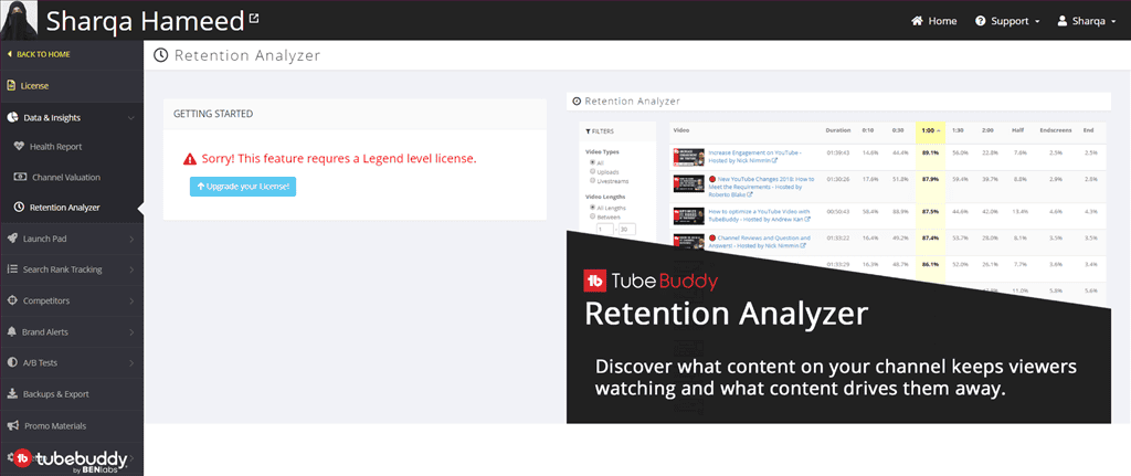 retention analyzer feature of tubebuddy