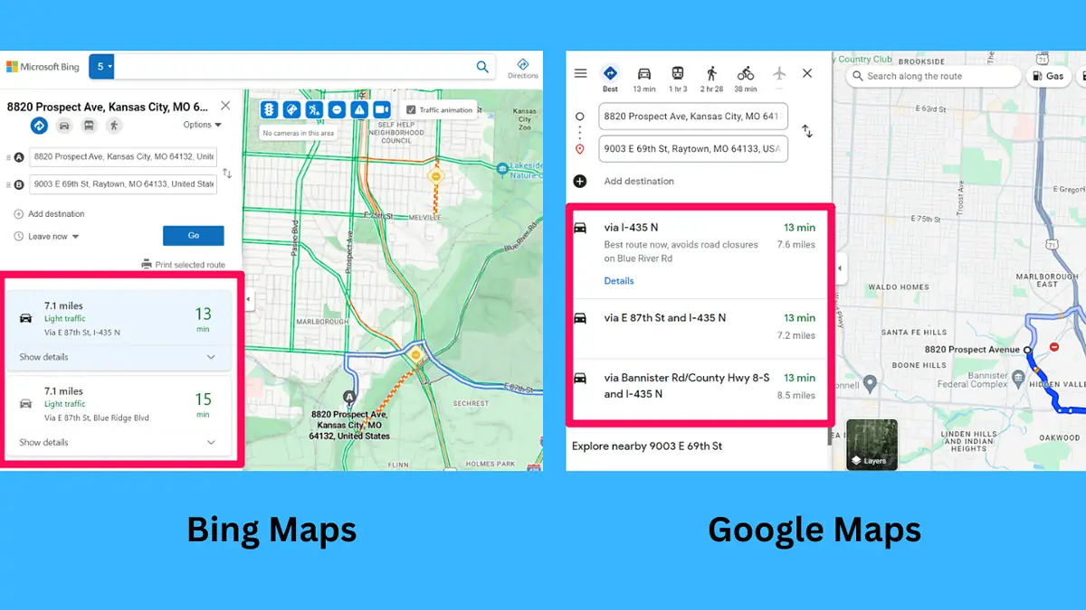 Route suggestions: Bing Maps vs Google Maps