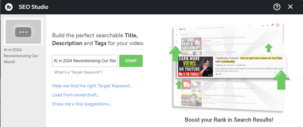 searching for perfect title in seo studio of tubebuddy