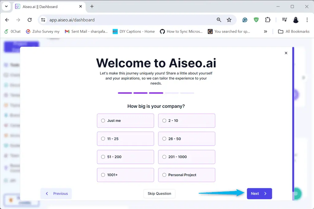 selecting company size in aiseo.ai wizard