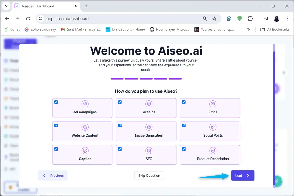 selecting options to avail in aiseo.ai