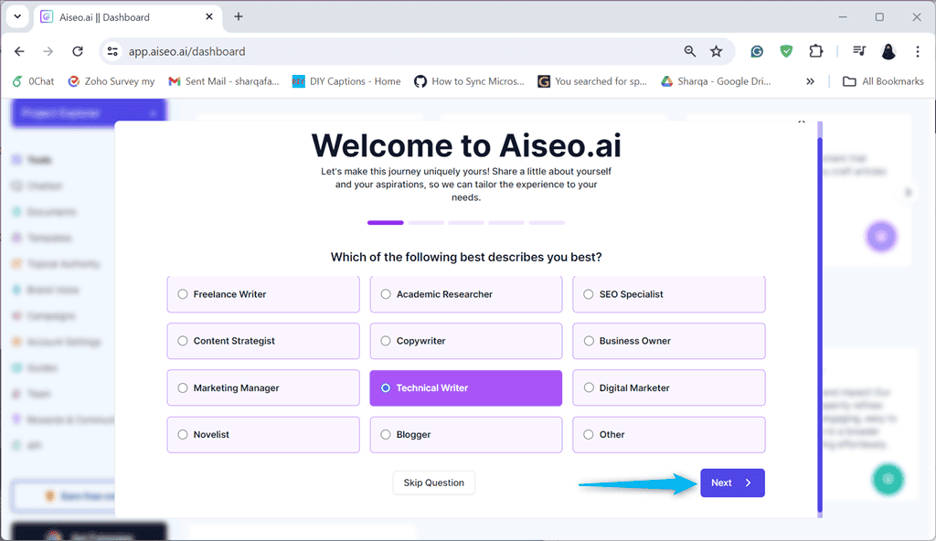 selecting profession in aiseo.ai