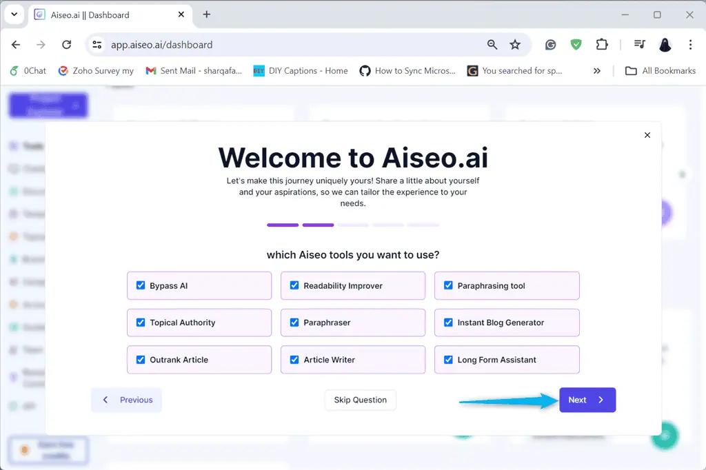 selecting tools to use in aiseo.ai
