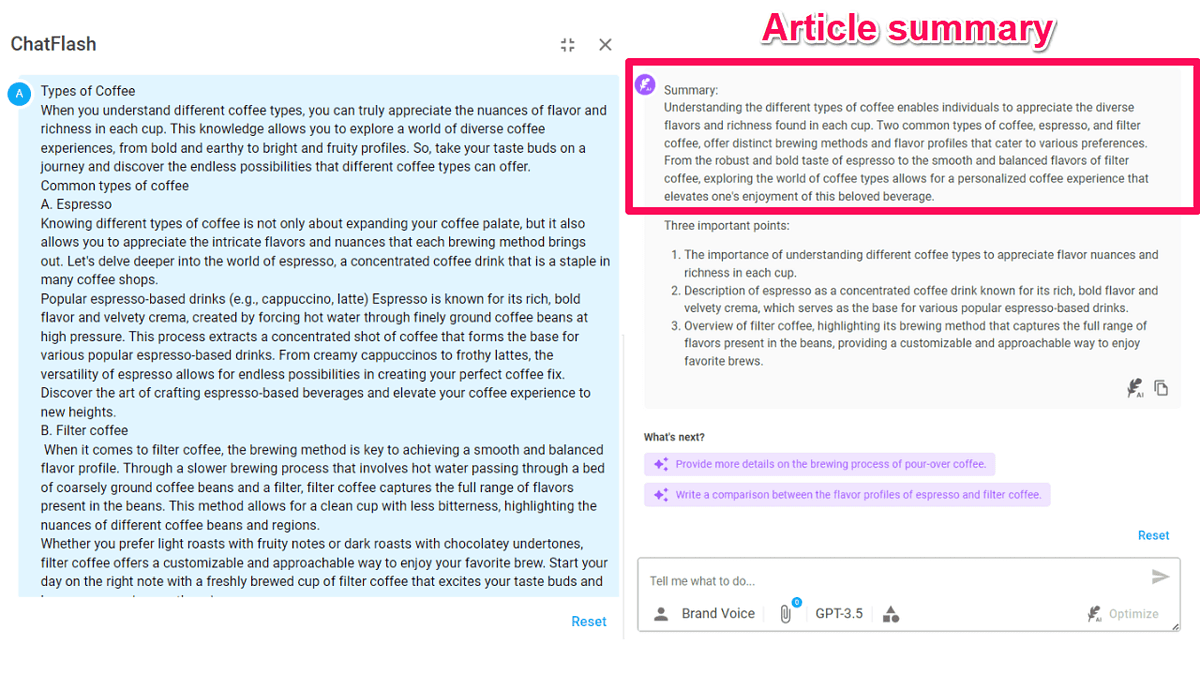 Using the AI chatbot to create an article summary