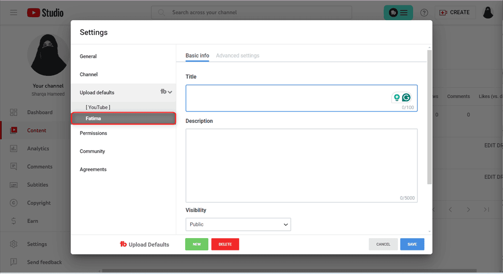 upload default profile of tubebuddy