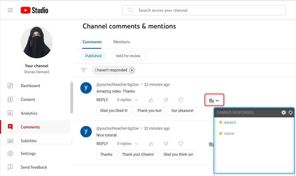 using canned responses with tubebuddy