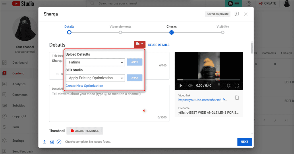 using default upload profiles feature of tubebuddy