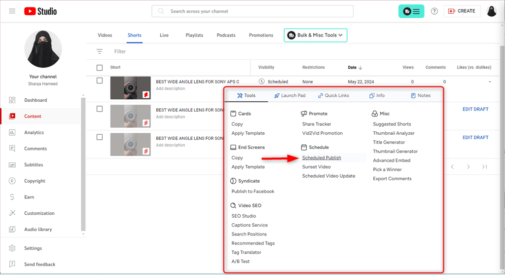 using schedule publish feature of tubebuddy