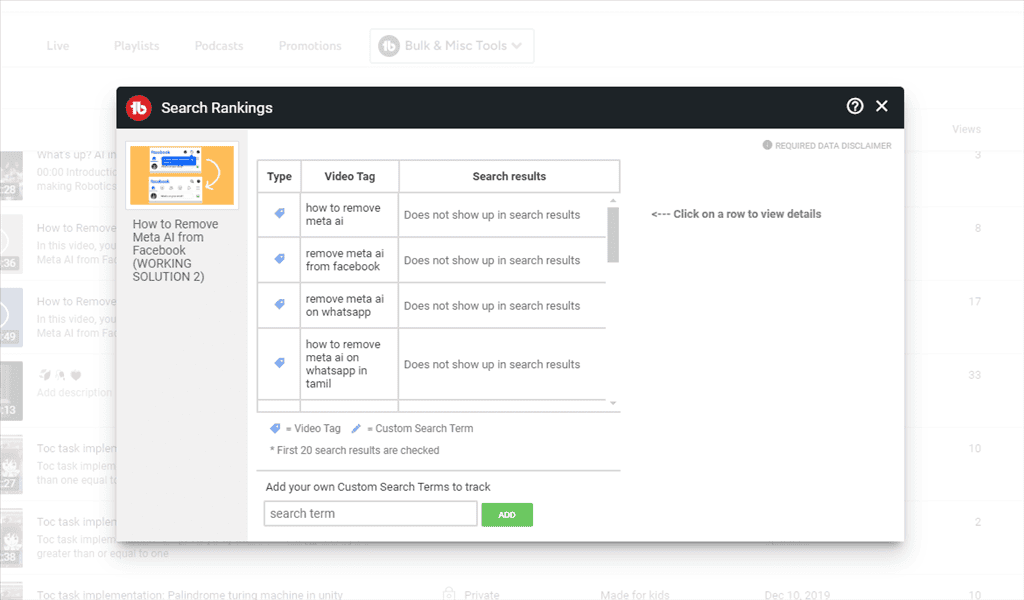 using search ranking feature of tubebuddy