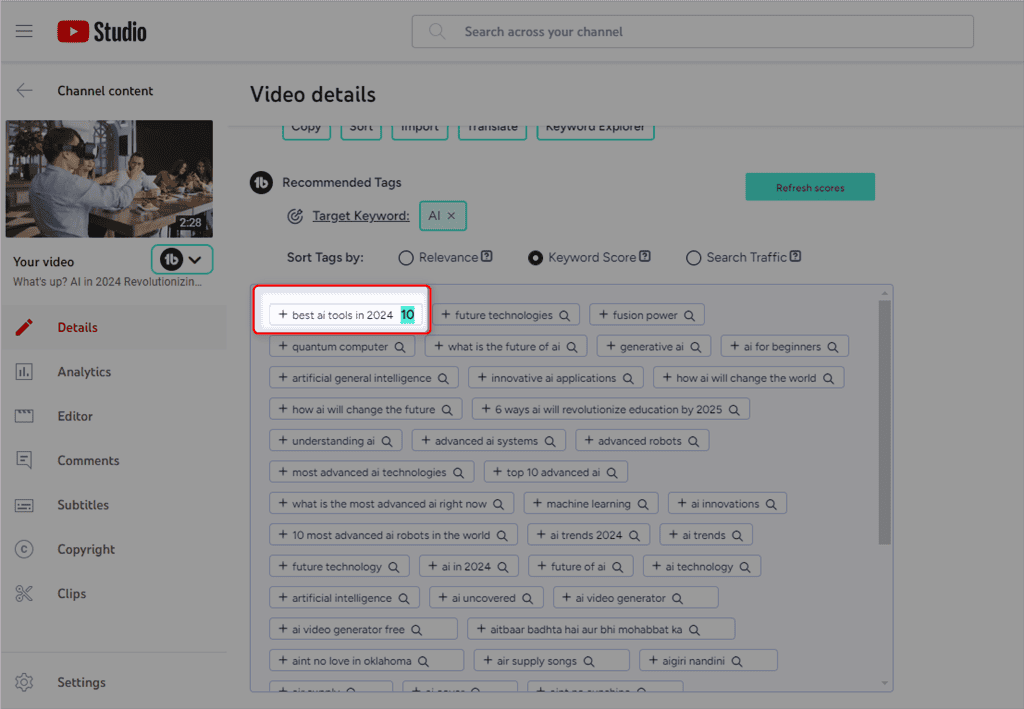 using tag ranking tool of tubebuddy