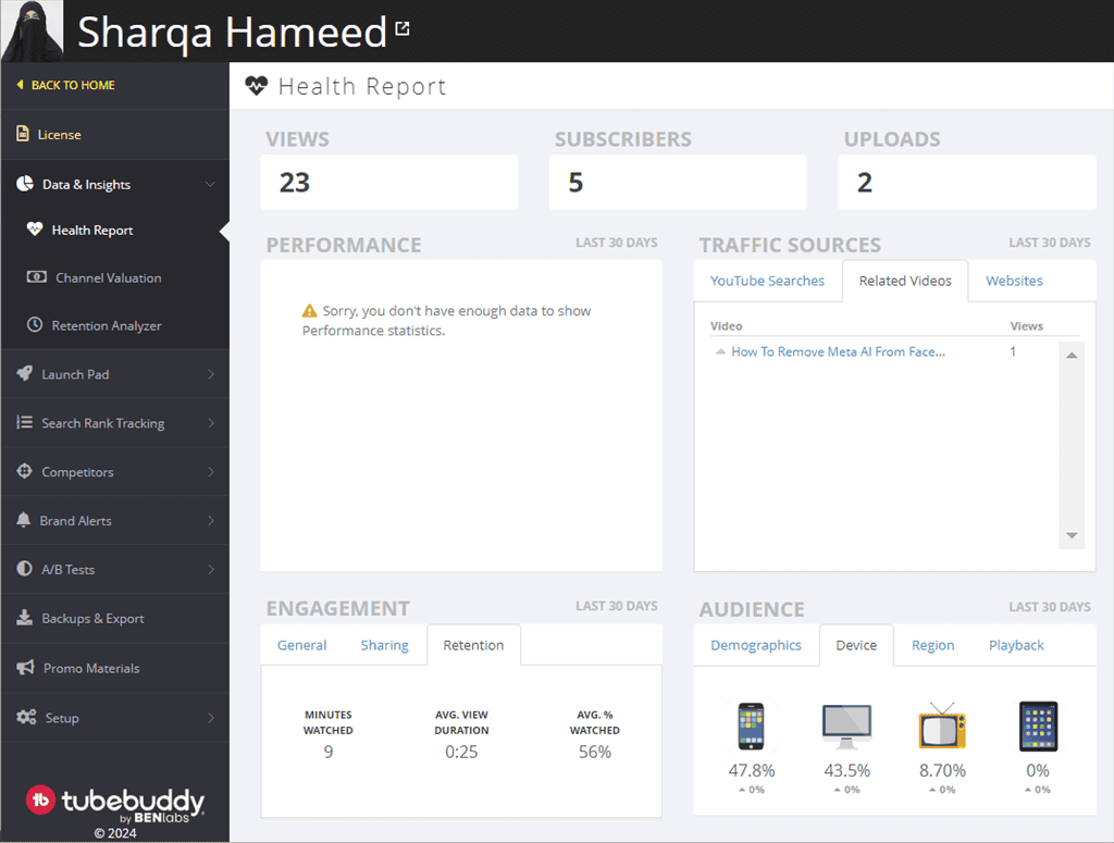 viewing health report of a channel using tubebuddy