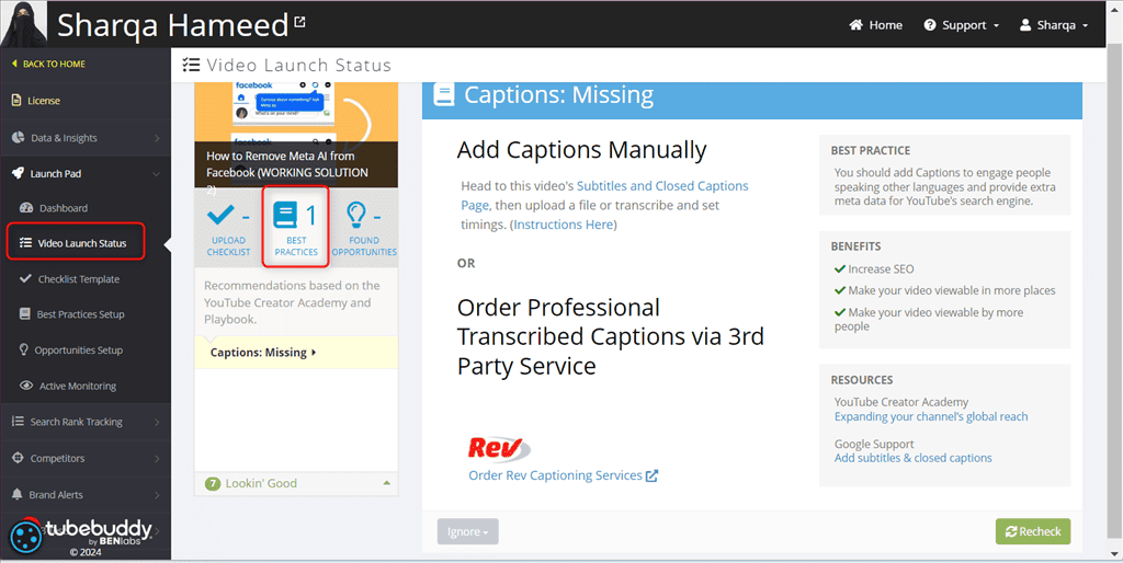 viewing result of performing best practices audit using tubebuddy