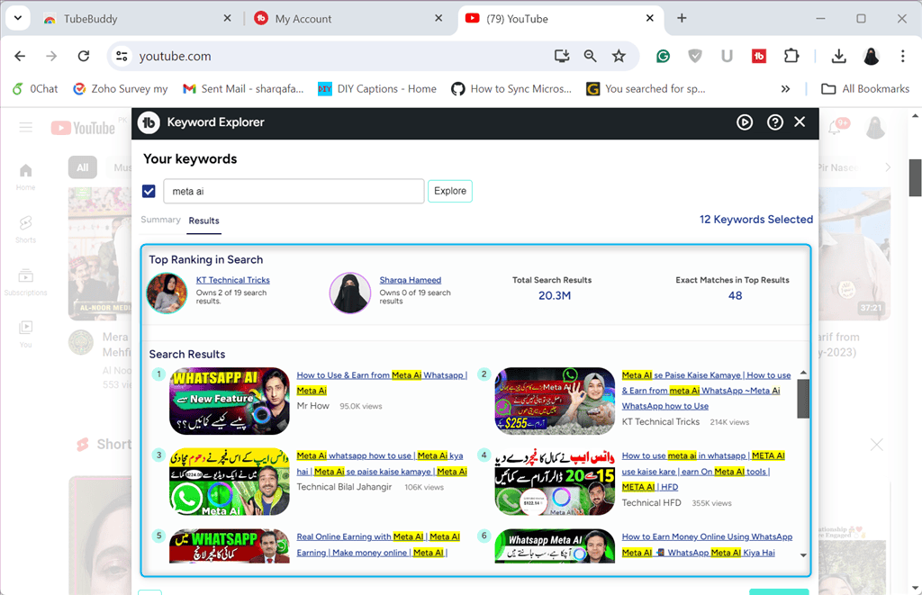 viewing results of searhced keyword in tubebuddy