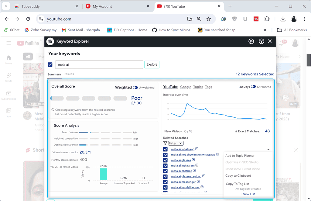 viewing summary of searched keyword in tubebuddy