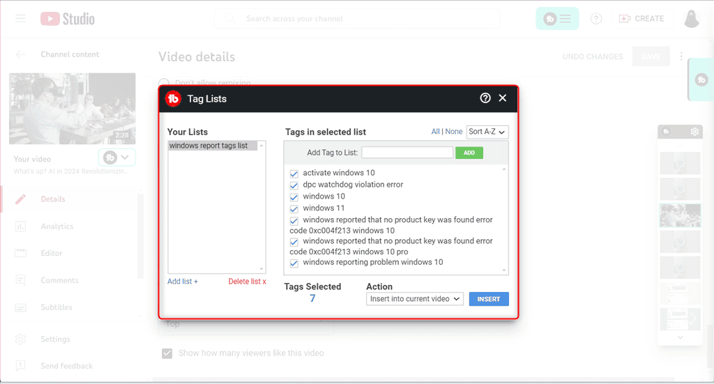 viewing tag lists in tubebuddy