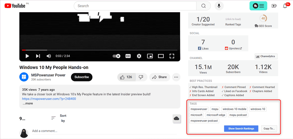 viewing video tags of the mspoweruser channel video using tubebuddy