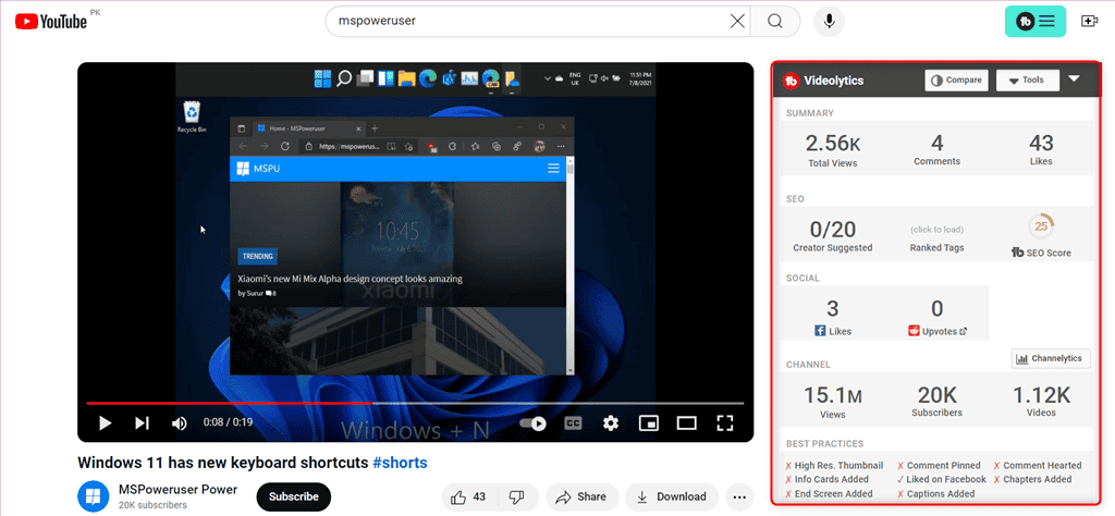 viewing videolytics of a mspoweruser channel video in tubebuddy