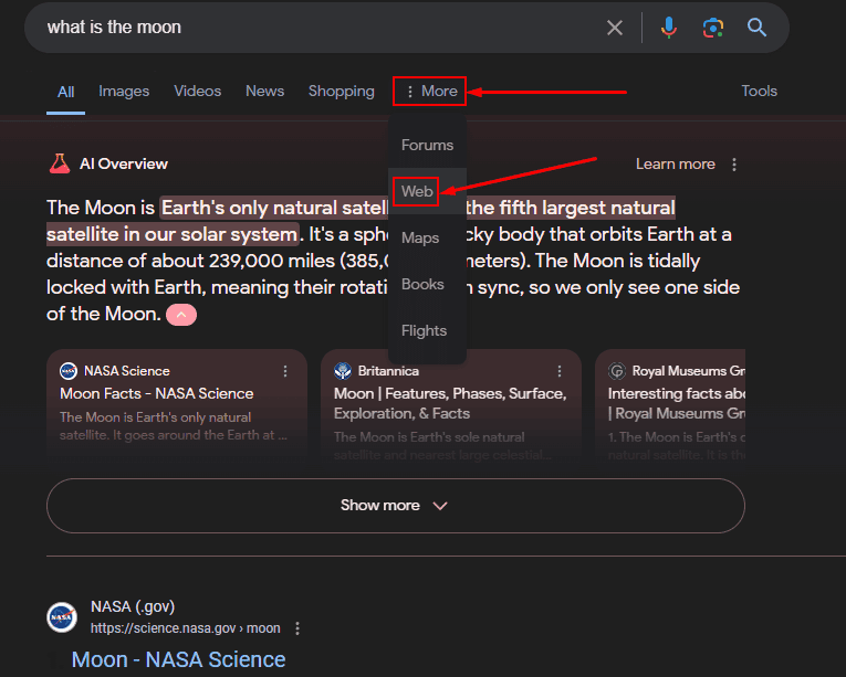 web filters more dropdown