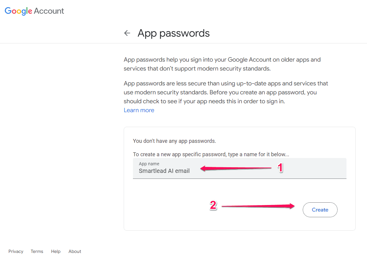Generating app password for Smartlead AI from a Google account
